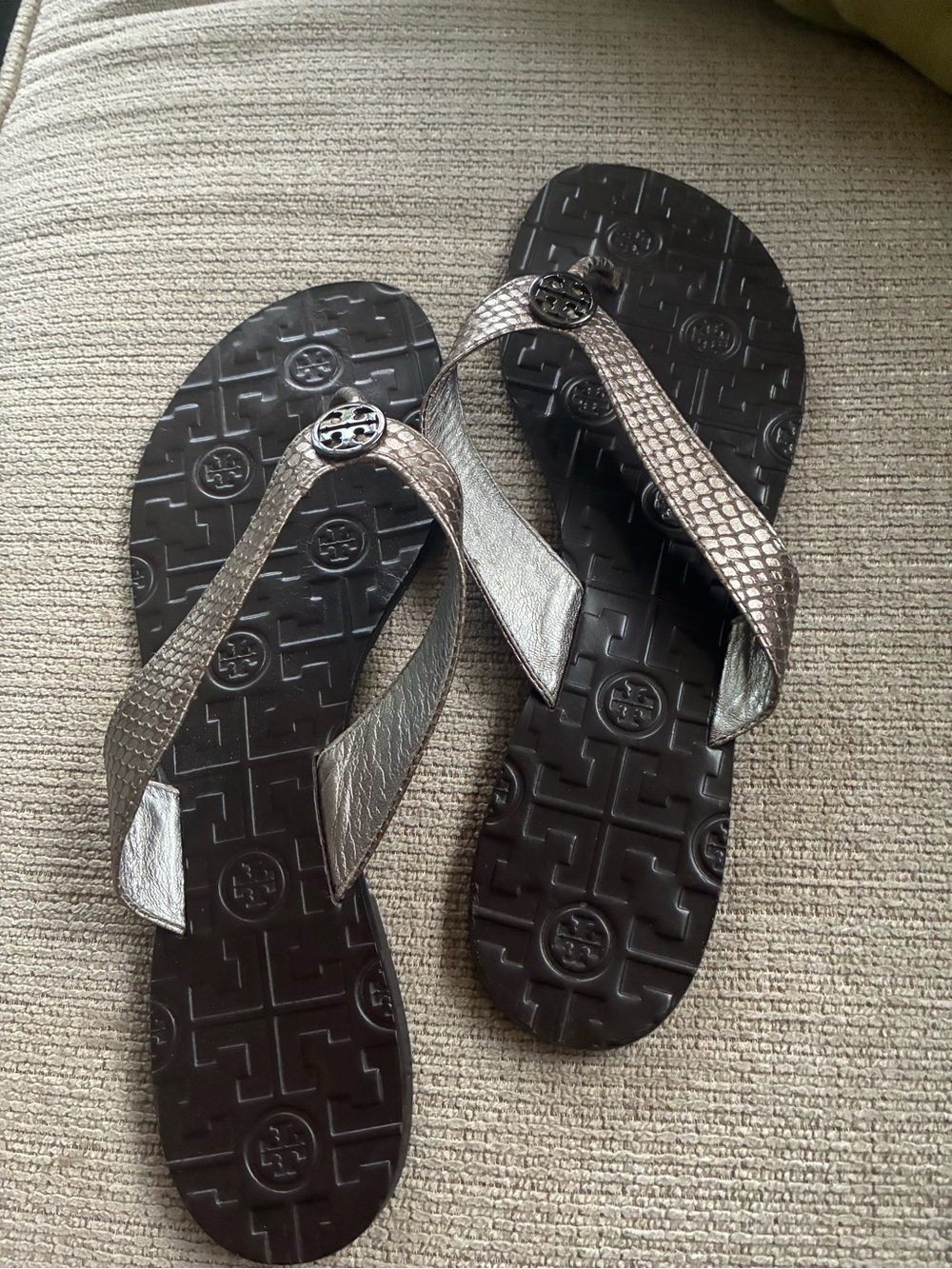 Tory Burch Thora Pewter Snakeskin Flat 
Thong Sandals